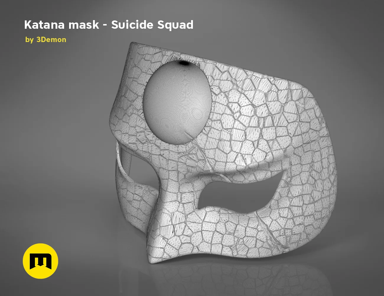 Wireframe mesh render of Katana mask - Suicide Squad STL, detailed polygon mesh topology, 3D print cosplay prop