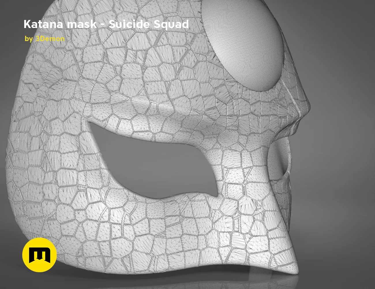 Wireframe mesh render of Katana mask STL, Suicide Squad cosplay prop, detailed polygon mesh