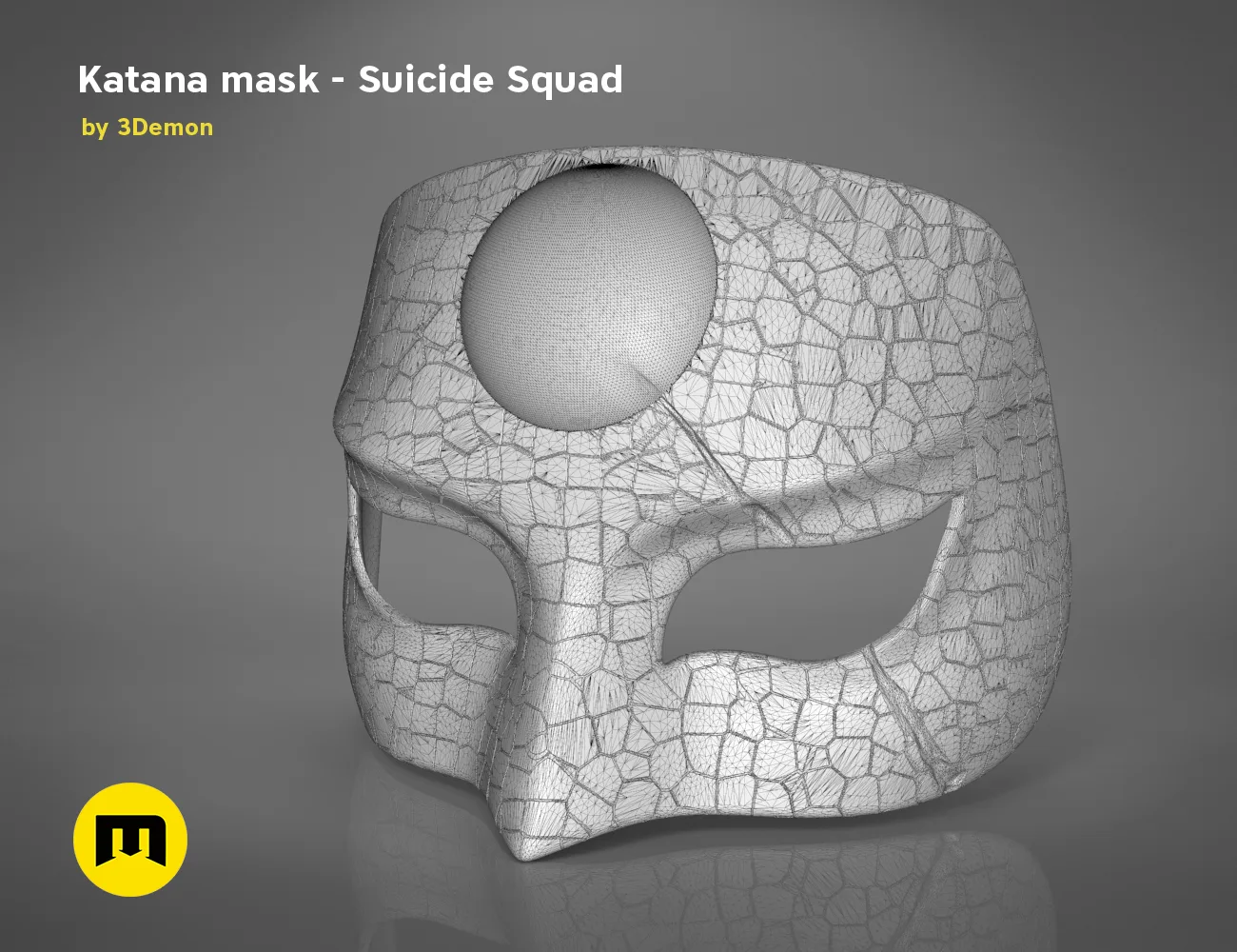 Wireframe mesh render of Katana mask STL, Suicide Squad cosplay prop, detailed mesh topology