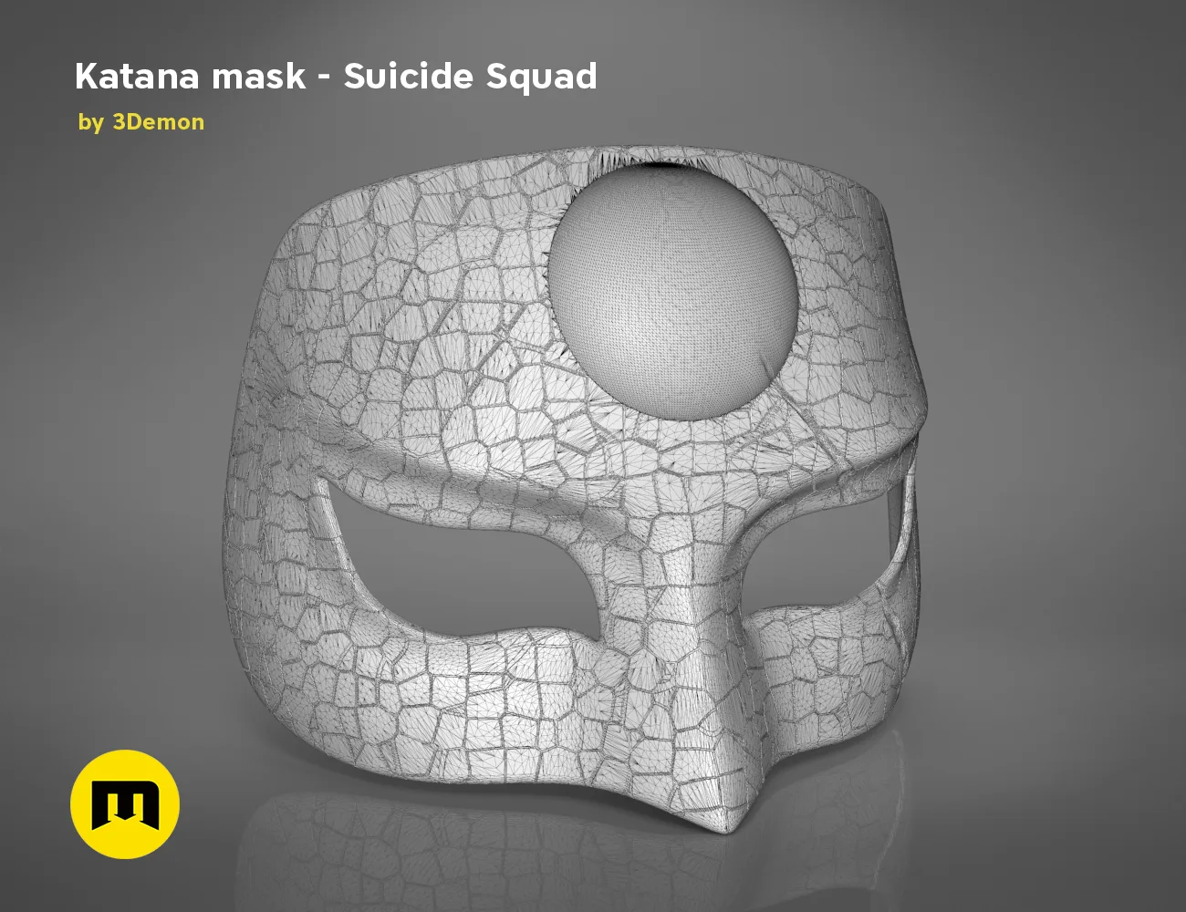 Wireframe mesh render of Katana mask STL, Suicide Squad cosplay prop, detailed polygon topology