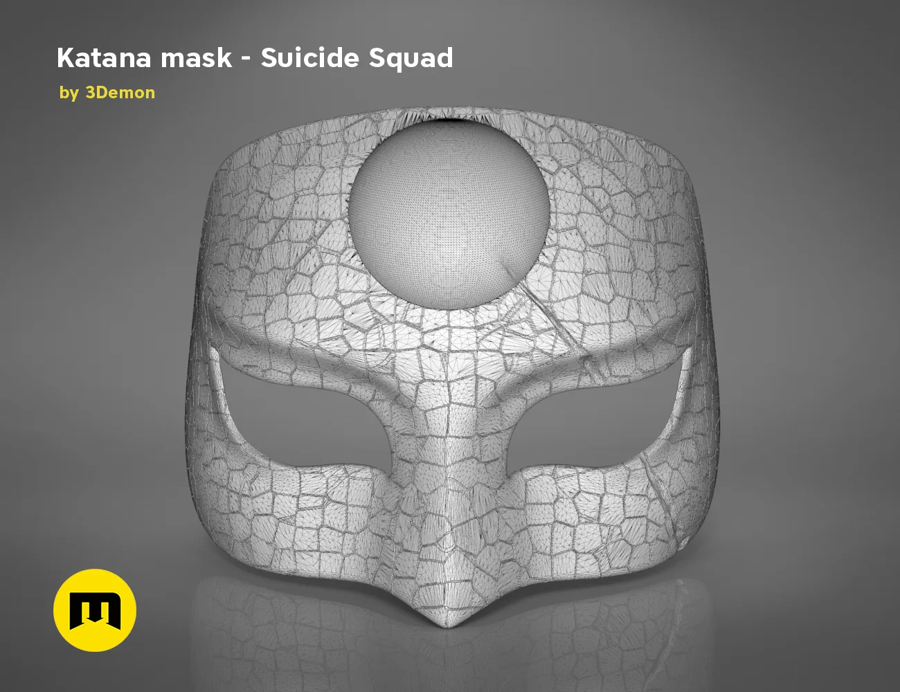 Wireframe mesh render of Katana mask STL, Suicide Squad, detailed polygon edge structure, 3D print cosplay prop
