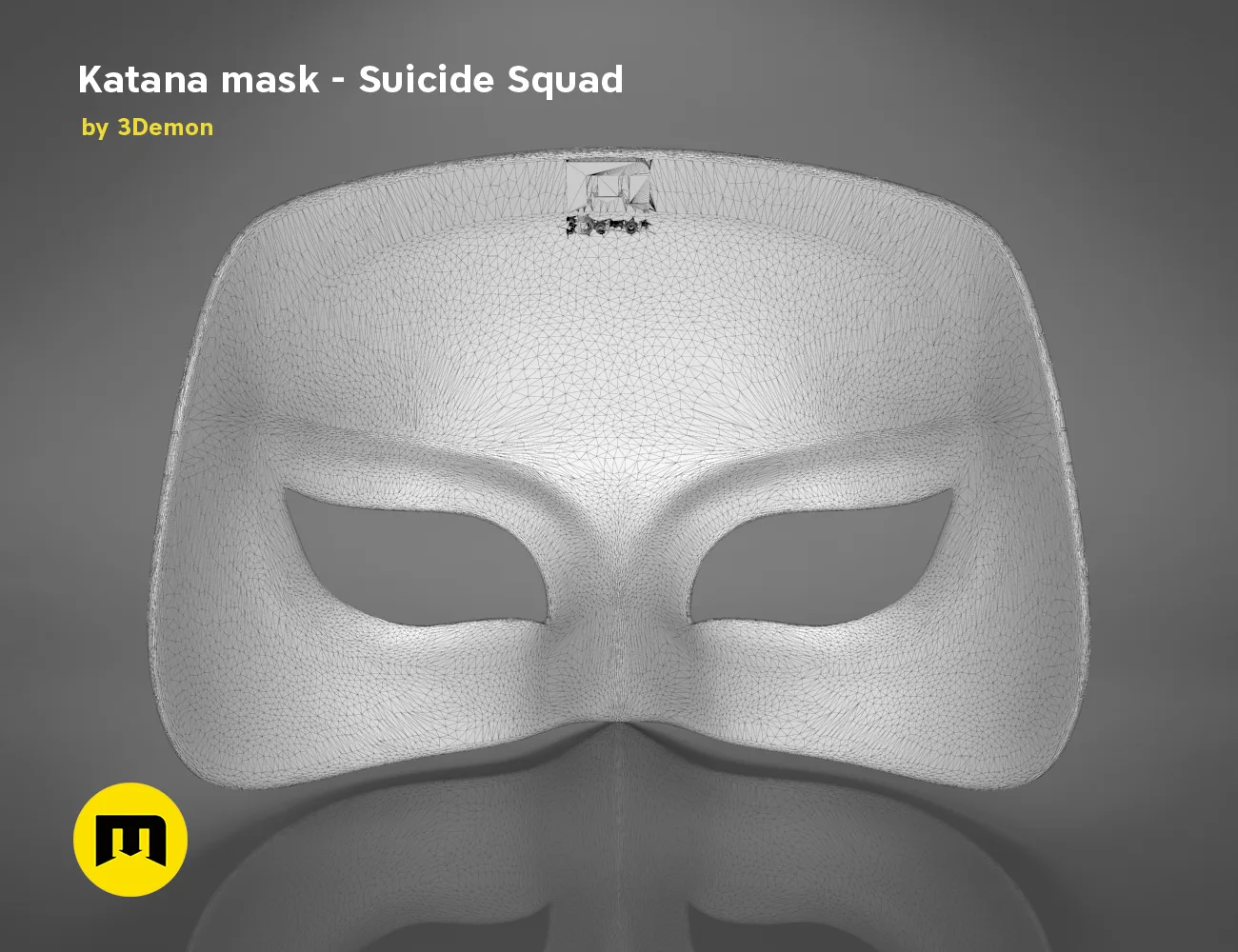 Wireframe mesh render of Katana mask STL, Suicide Squad cosplay prop, front mesh topology