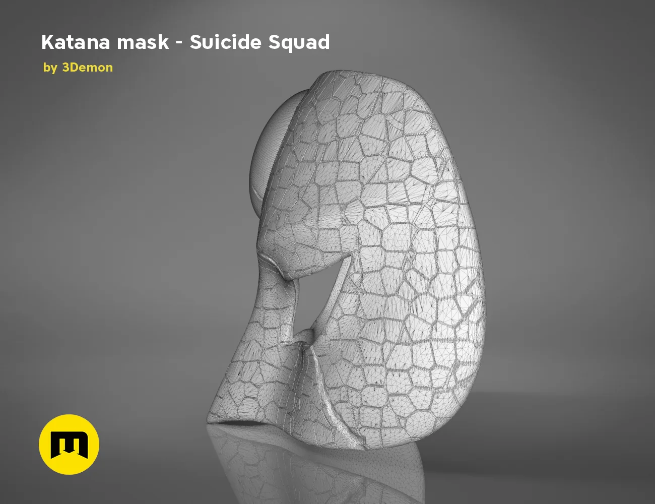 Wireframe mesh render of Katana mask - Suicide Squad STL, side polygon structure, 3D print cosplay prop