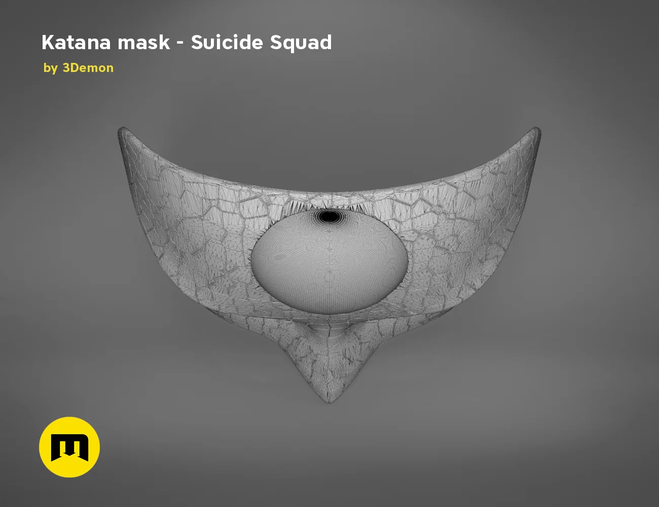 Wireframe mesh render of Katana mask STL, Suicide Squad cosplay prop, front mesh detail