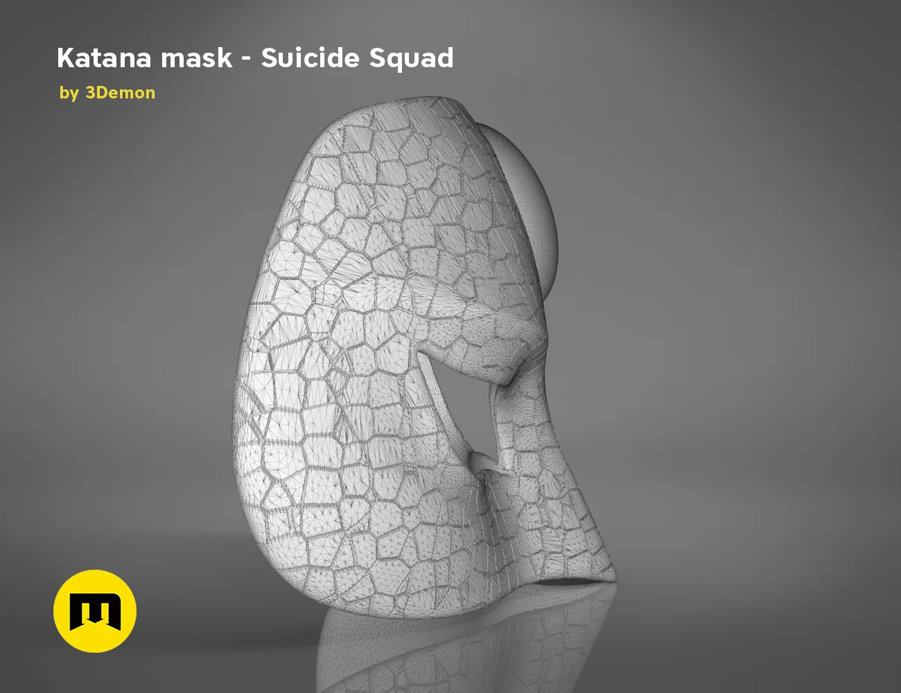 Wireframe mesh render of Katana mask STL, Suicide Squad cosplay prop, rear polygon structure