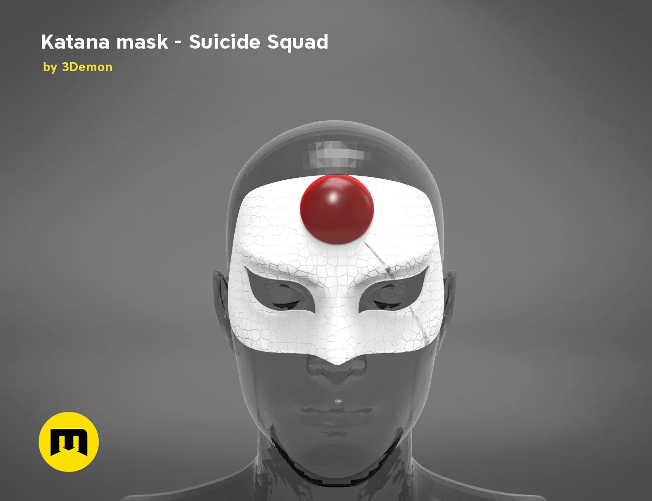 3D model render of Katana mask – Suicide Squad, white cosplay prop with red emitter, 3D print