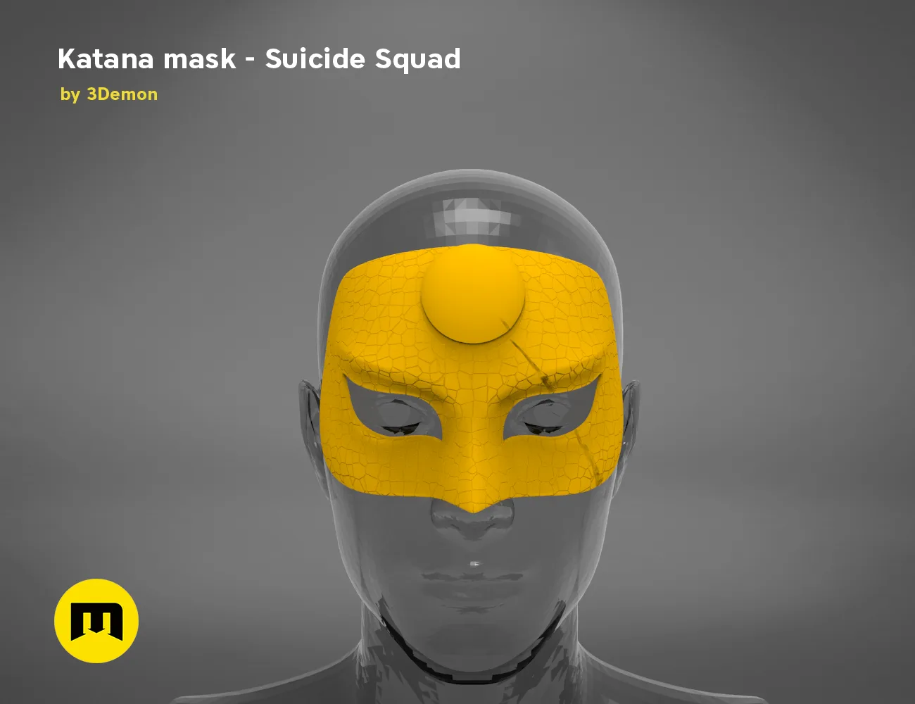 3D model render of Katana mask – Suicide Squad cosplay prop, yellow cracked faceplate, 3D print
