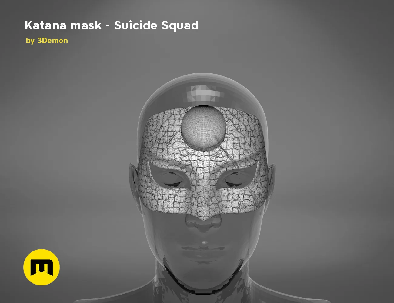 Wireframe mesh render of Katana mask STL, Suicide Squad cosplay prop, front mesh topology