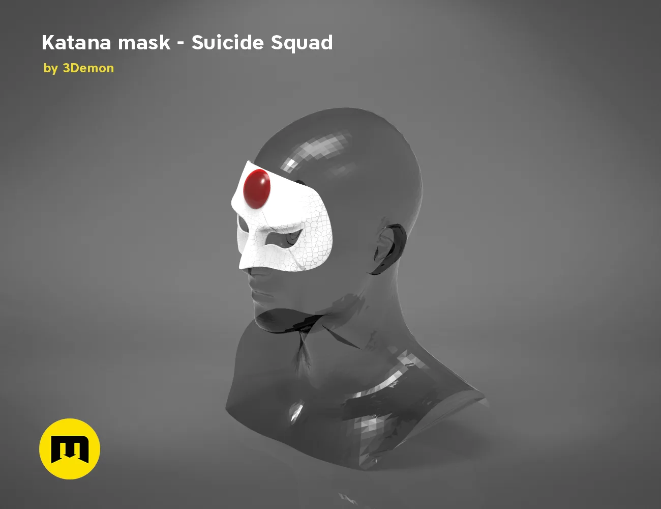 3D model render of Katana mask - Suicide Squad, white and red cosplay prop, side view