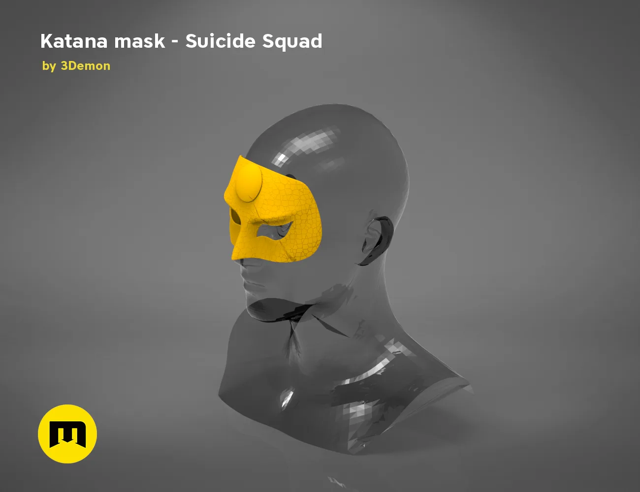 3D model render of Katana mask, Suicide Squad yellow and black cosplay prop, side view