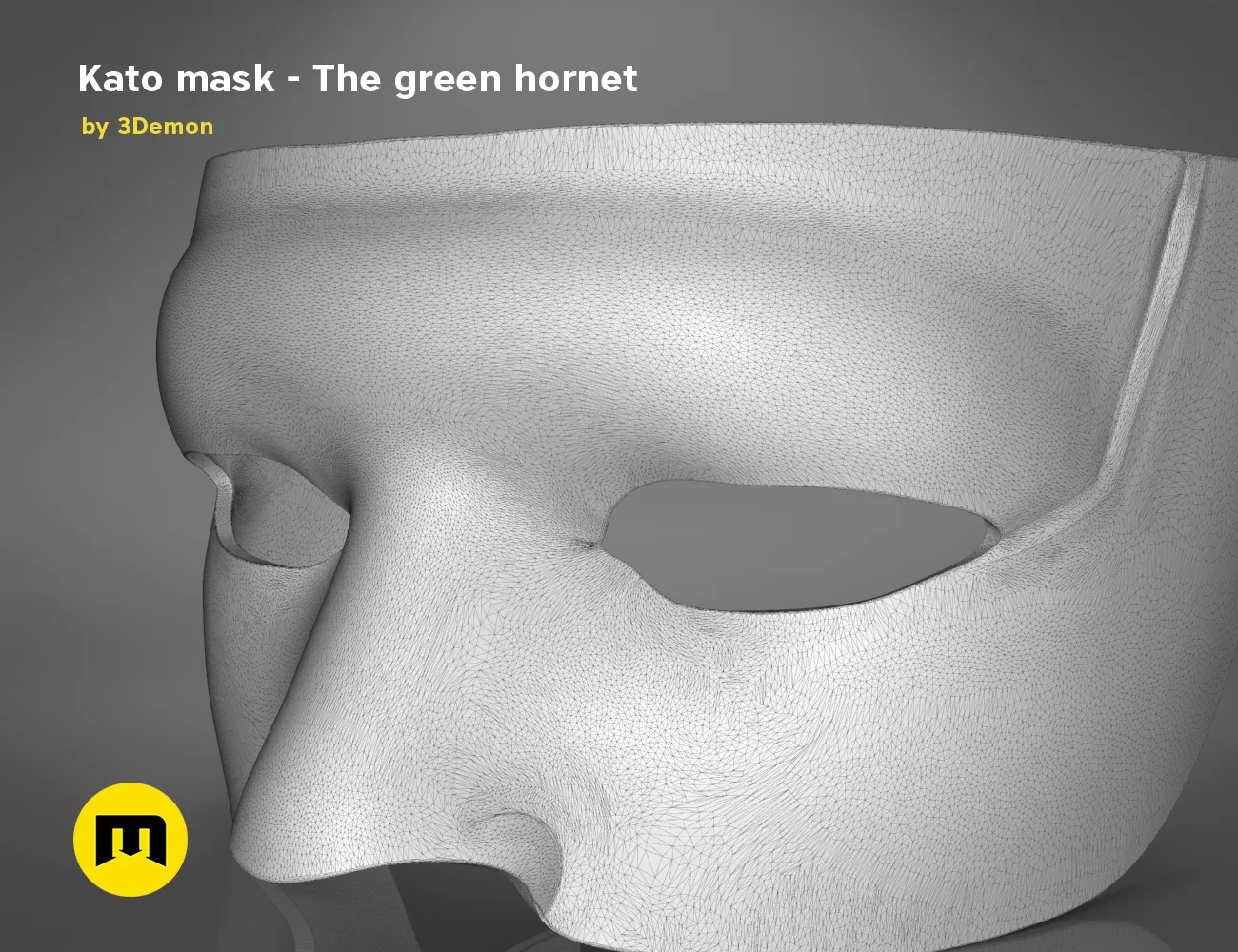 Wireframe mesh render of Kato mask STL, green hornet face mesh topology, 3D print cosplay prop
