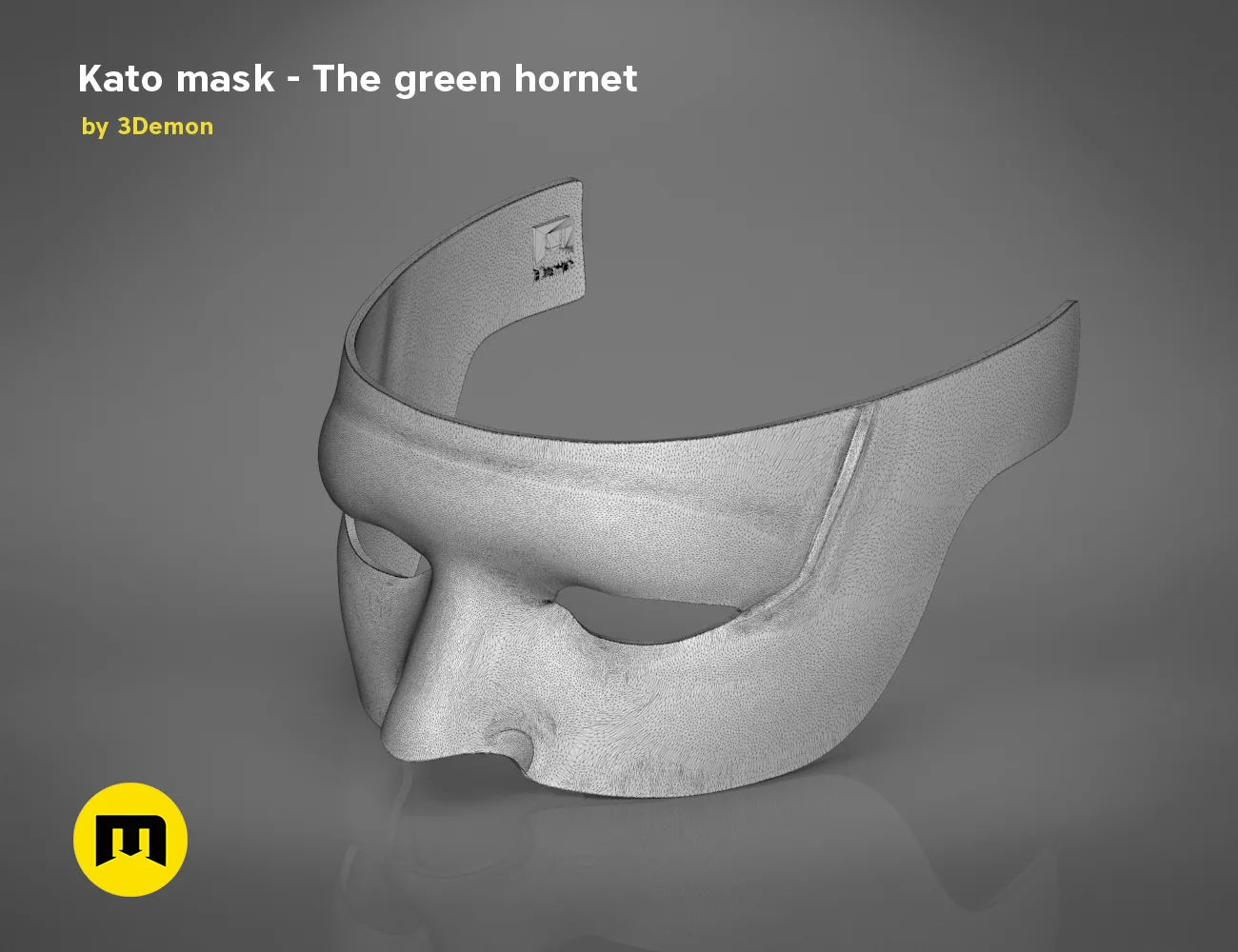 Wireframe mesh render of Kato mask STL, green hornet cosplay prop, side polygon structure
