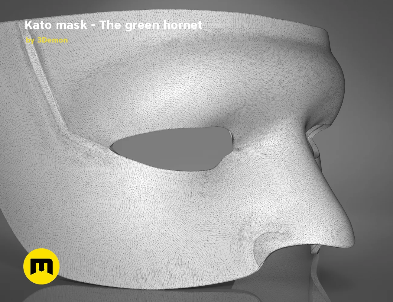 Wireframe mesh render of Kato mask STL, green hornet cosplay prop, side polygon structure