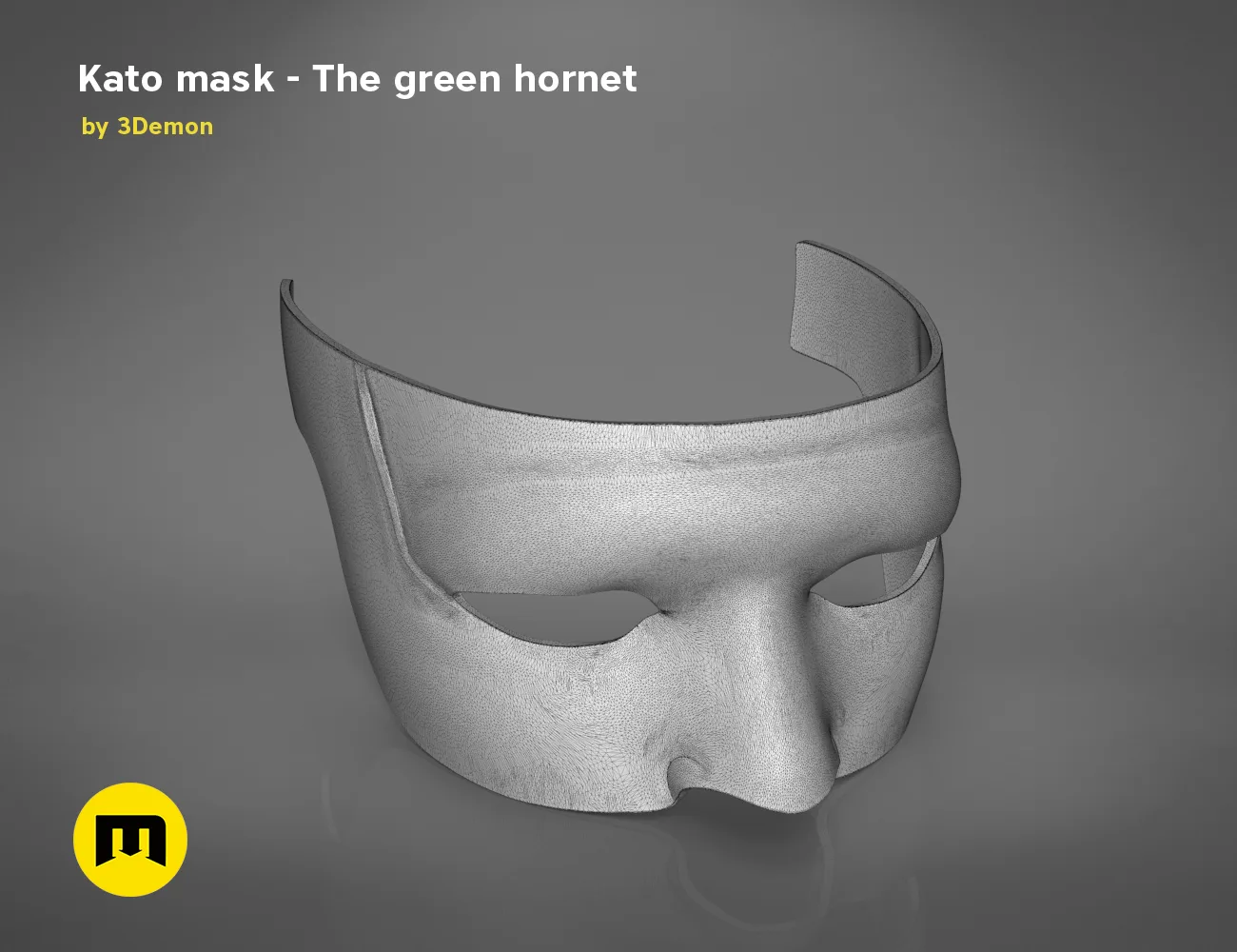 3D model render of Kato mask, green hornet cosplay prop, front view STL preview