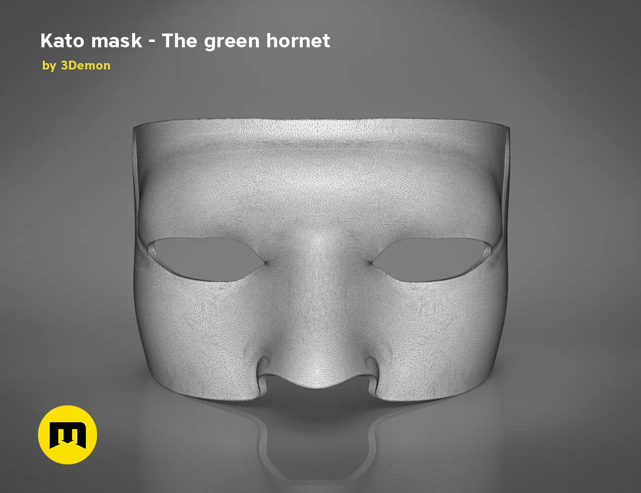 Wireframe mesh render of Kato mask STL, front view with eye cutouts, 3D print cosplay prop