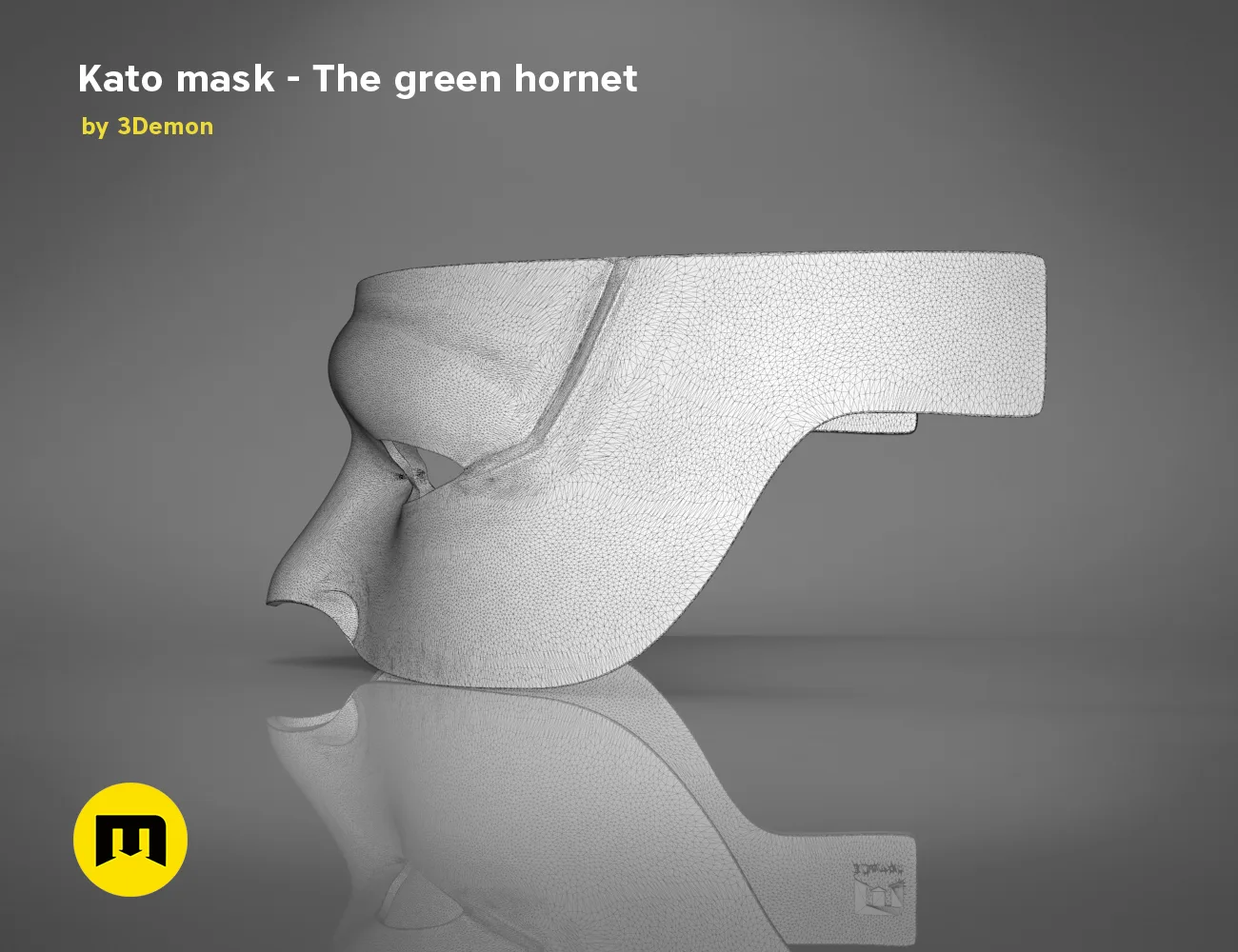 Wireframe mesh render of Kato mask STL, side polygon structure, green hornet 3D print cosplay prop