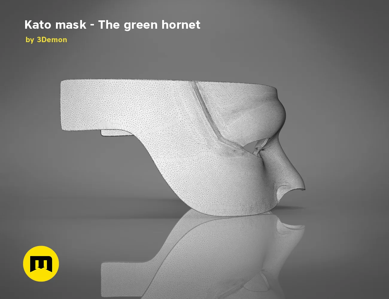 Wireframe mesh render of Kato mask STL, green hornet cosplay prop side mesh topology, 3D print