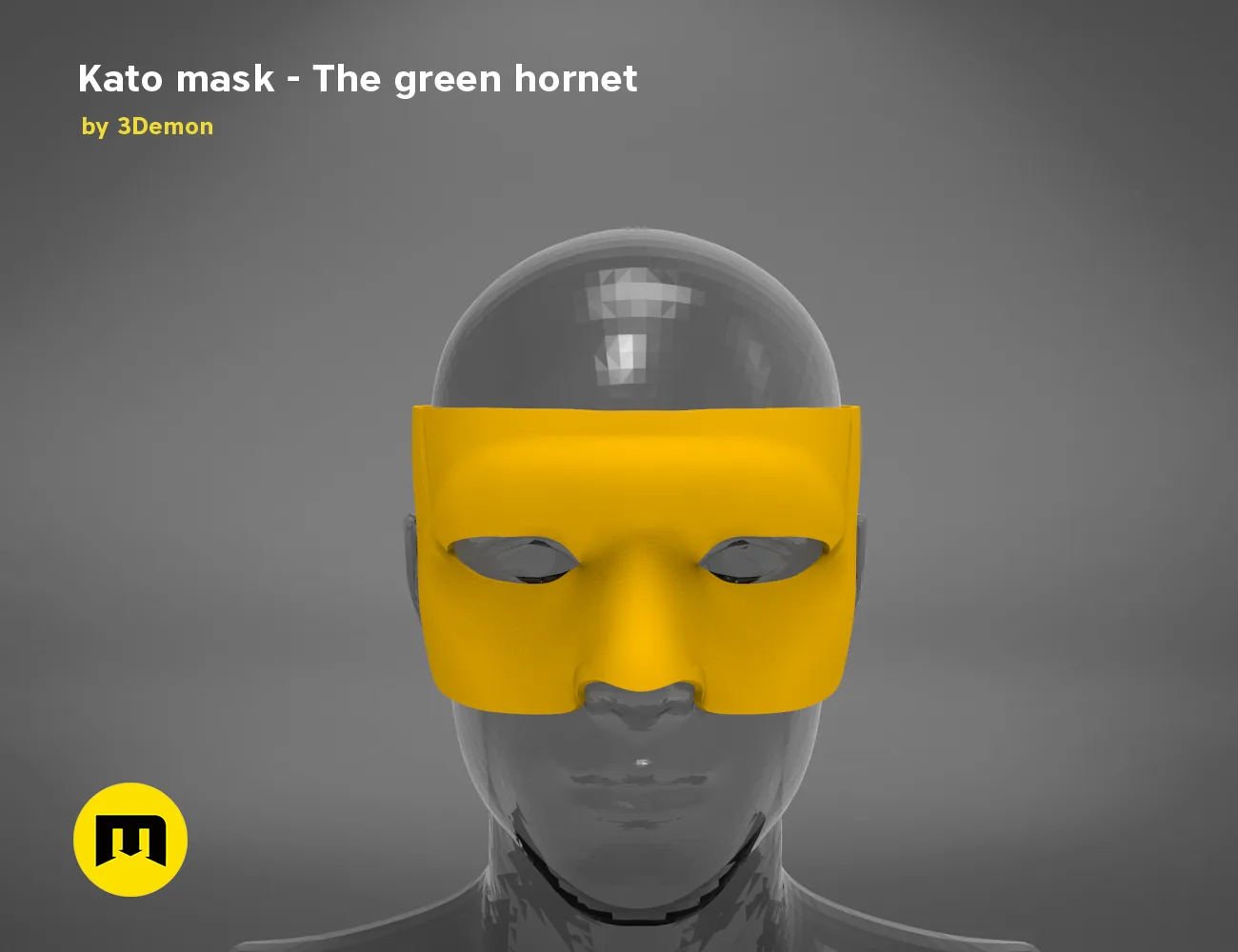 3D model render of Kato mask – The green hornet, yellow hornet-themed cosplay prop, 3D print