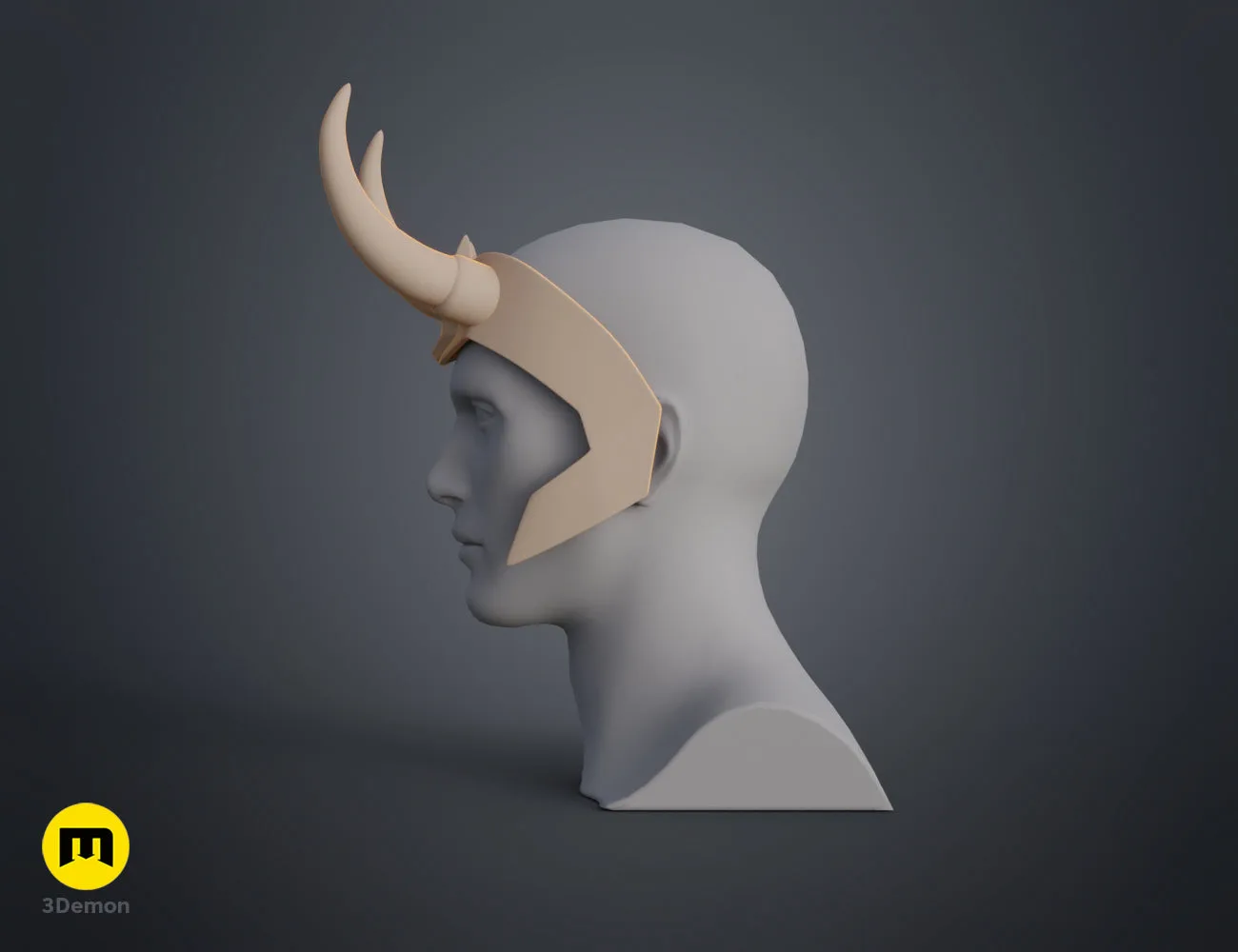 3D model render of Loki horns headband, side view, printable 3D cosplay accessory
