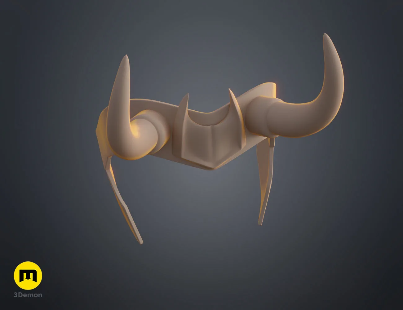 3D visualization of Loki horns Headband, metallic gold 3D print accessory with curved horns