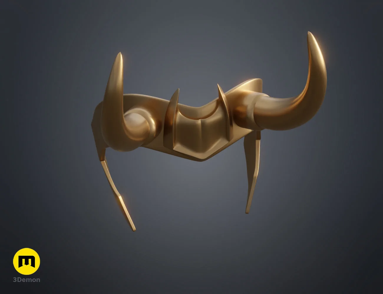 3D visualization of Loki horns Headband, golden metallic 3D print accessory with curved horns