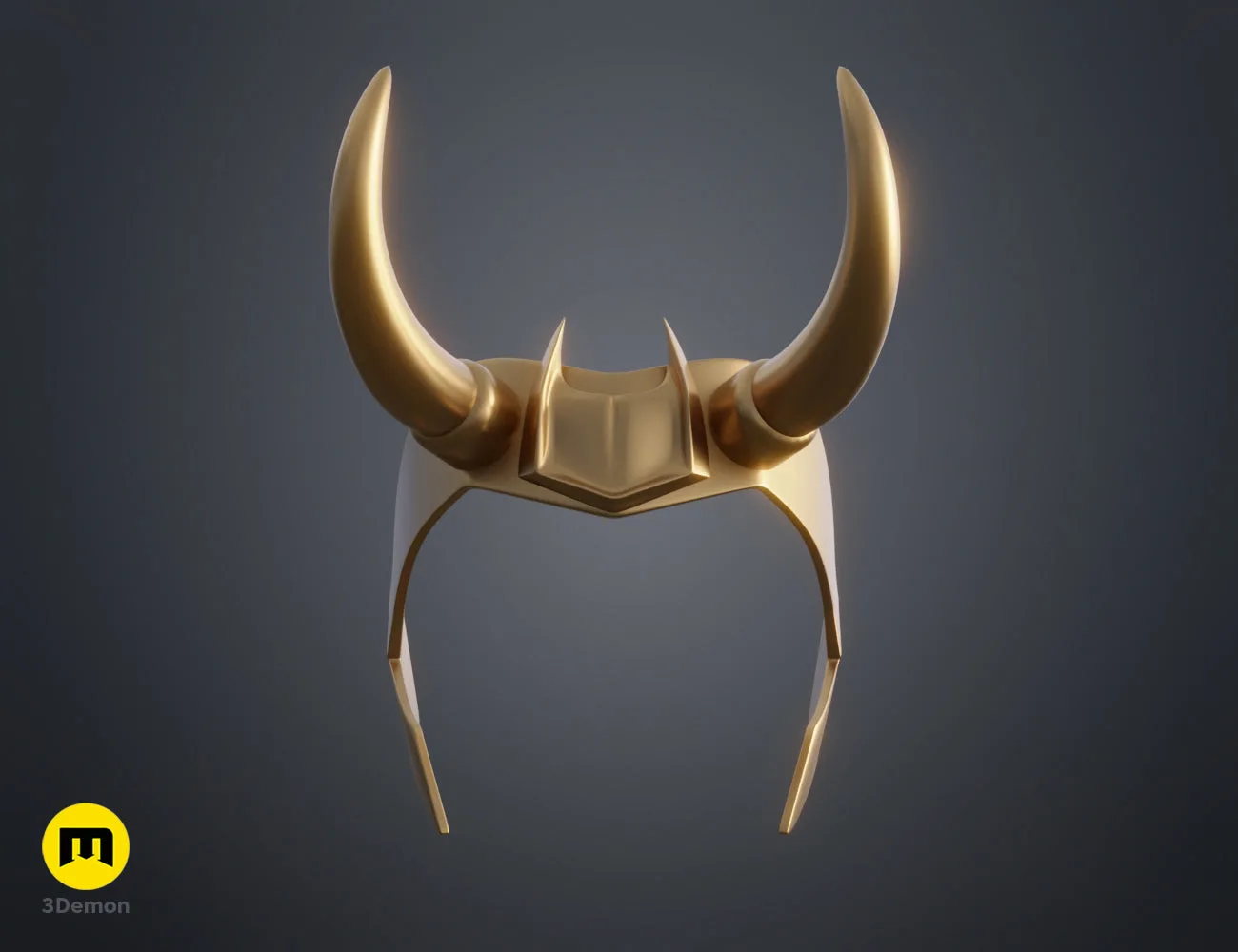 3D model render of Loki horns Headband, golden metallic cosplay accessory, front view
