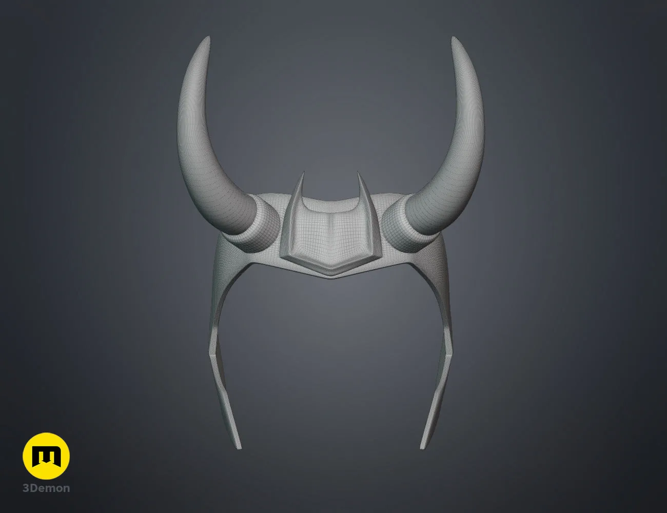 Wireframe mesh render of Loki horns Headband STL, front view with curved horns, 3D print accessory