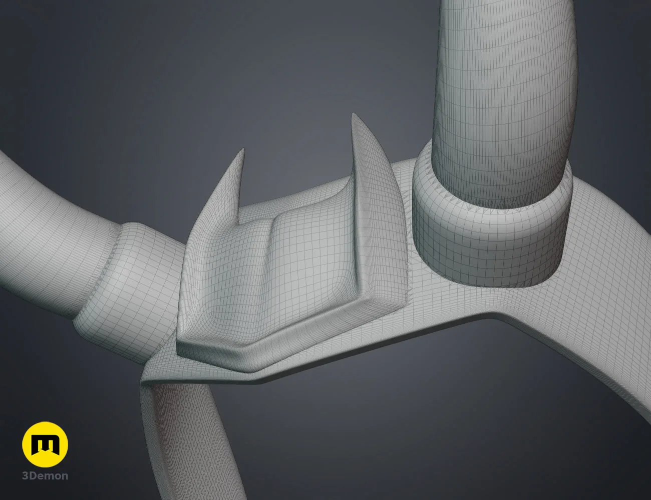 Wireframe mesh render of Loki horns Headband STL, side polygon structure with pronged tips, 3D print cosplay accessory