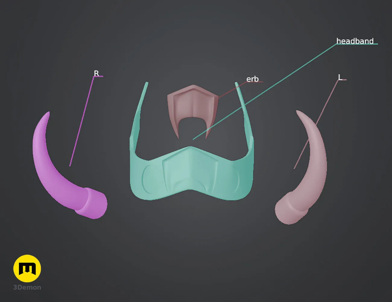 Color-coded parts breakdown of Loki horns Headband STL, exploded view of headband and earb components, 3D print cospl...