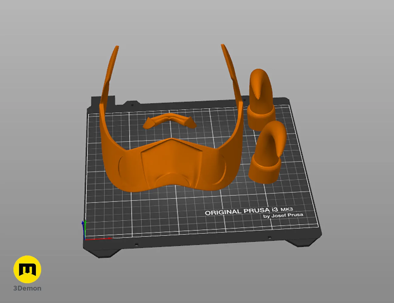 Slicer screenshot of Loki horns Headband STL, orange parts on Original Prusa i3 MK3 bed