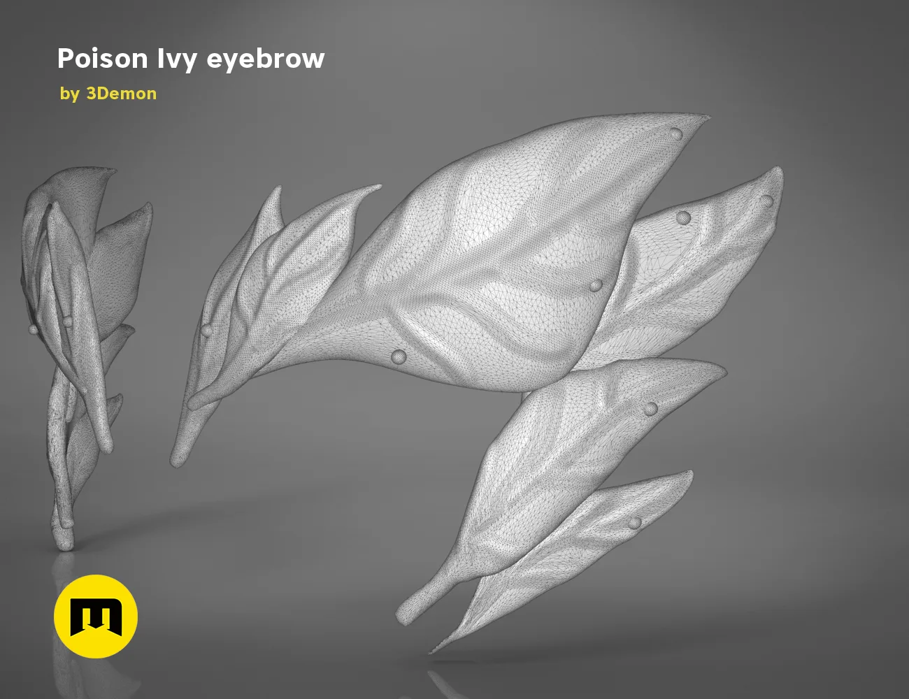 Wireframe mesh render of Poison Ivy eyebrows STL, detailed leaf-like mesh topology, 3D print accessory