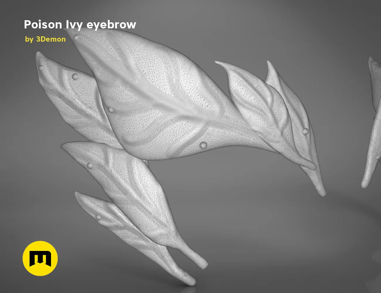 Wireframe mesh render of Poison Ivy eyebrows STL, detailed leaf-like mesh topology, 3D print cosplay accessory