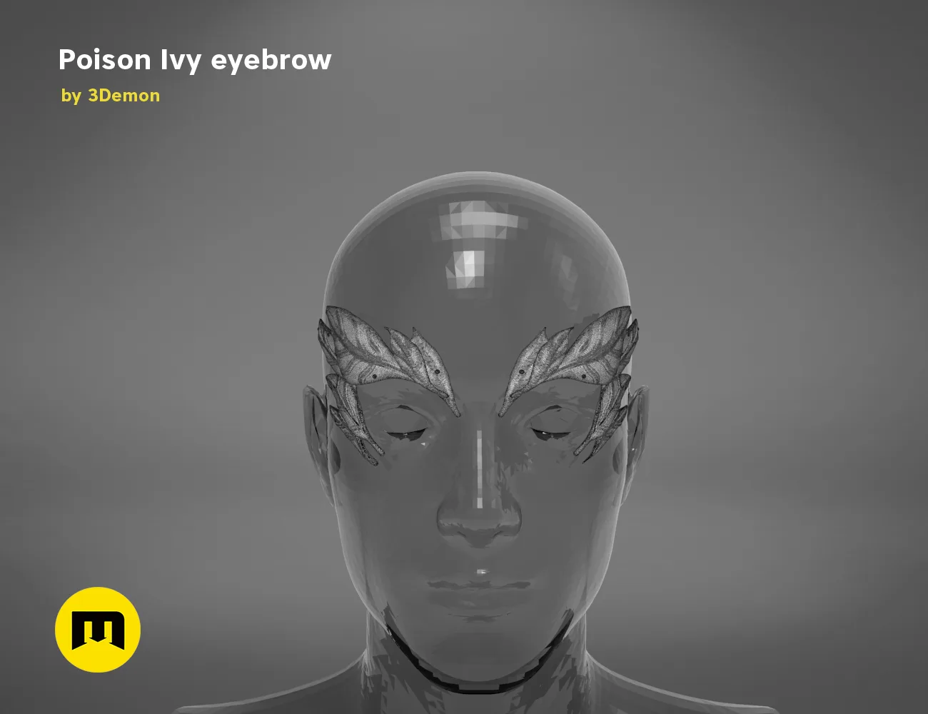 3D model render of Poison Ivy eyebrows STL, metallic leaf eyebrow design, 3D print cosplay accessory