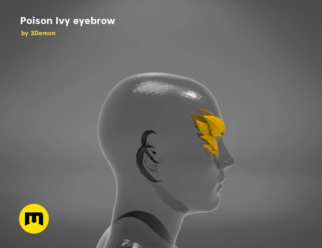 3D model render of Poison Ivy eyebrows, yellow leaf design on grey 3D print cosplay accessory