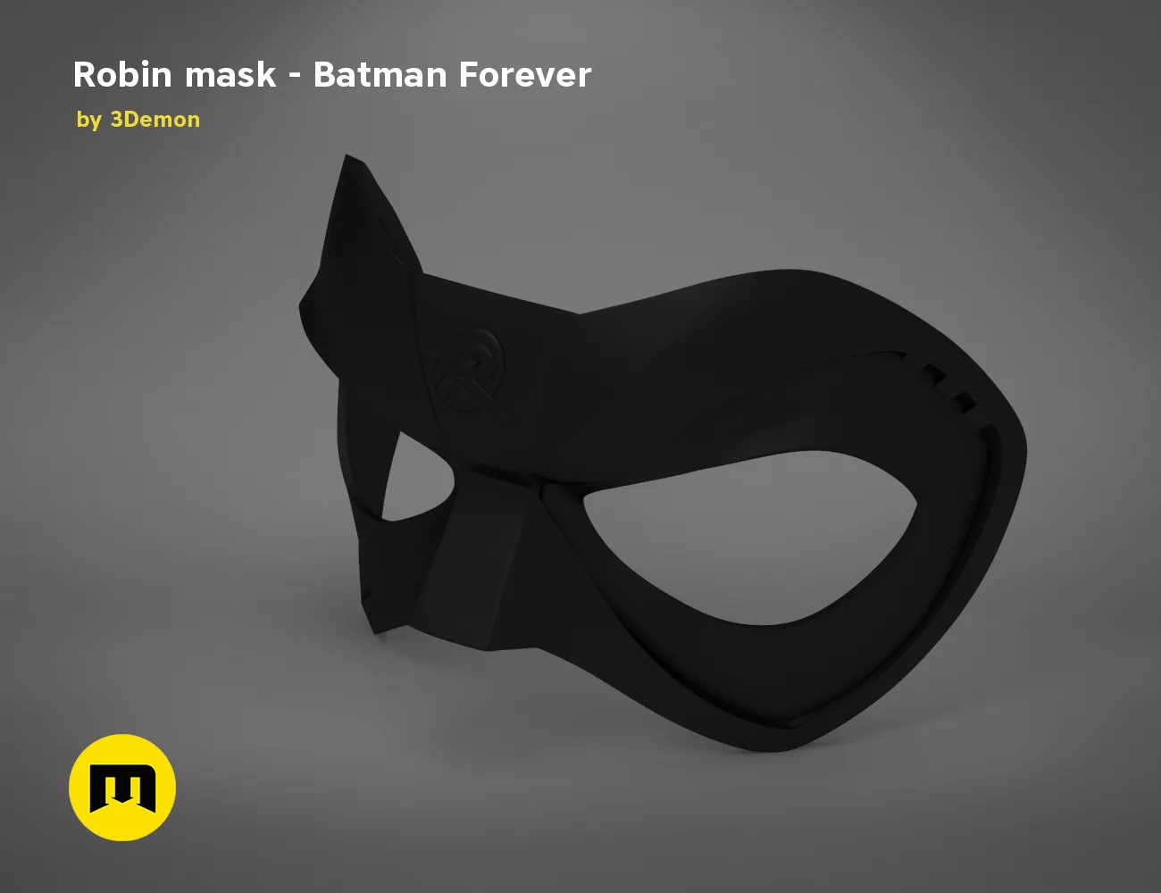 3D model render of Robin mask - Batman Forever, sleek black cosplay prop, side view