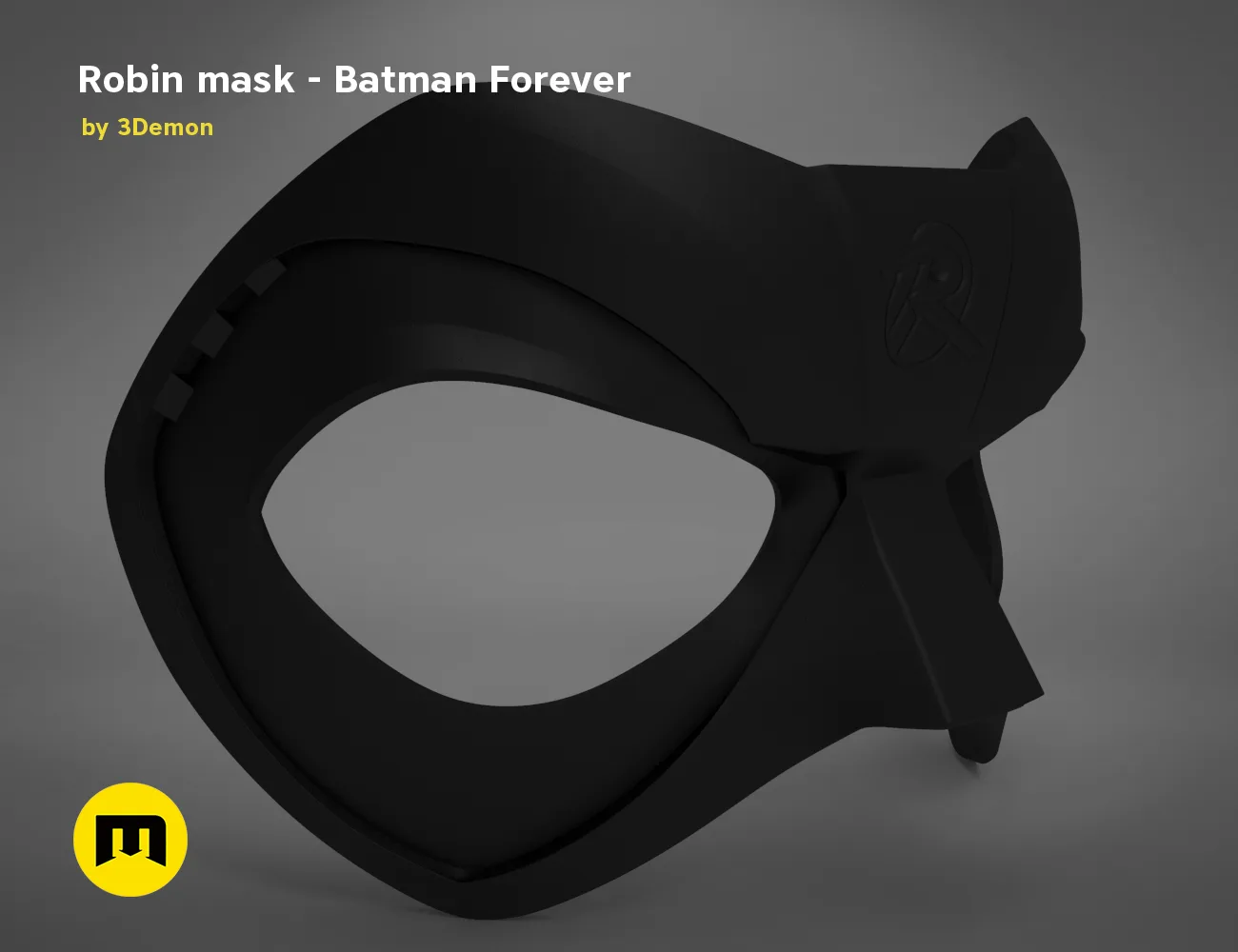 3D visualization of Robin mask - Batman Forever, sleek black cosplay prop, side view