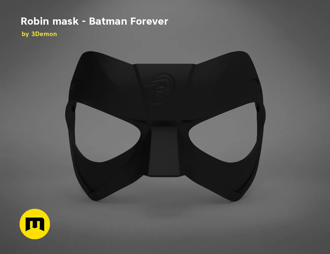 3D model render of Robin mask, Batman Forever, sleek black cosplay prop, front view