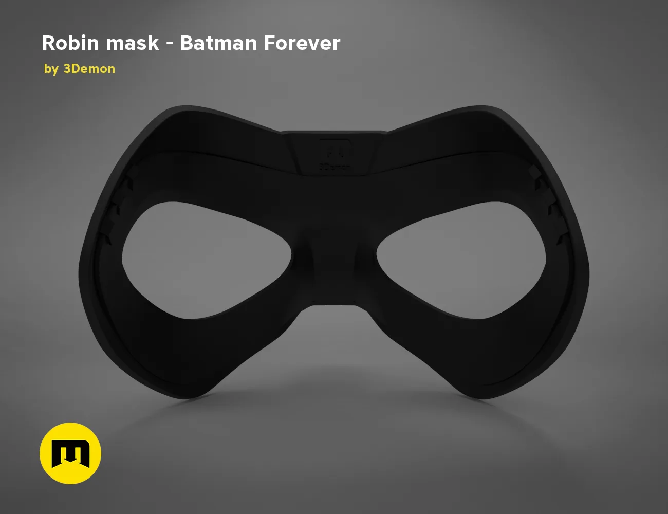 3D model render of Batman Forever Robin mask, black dual-eye design, 3D print cosplay prop