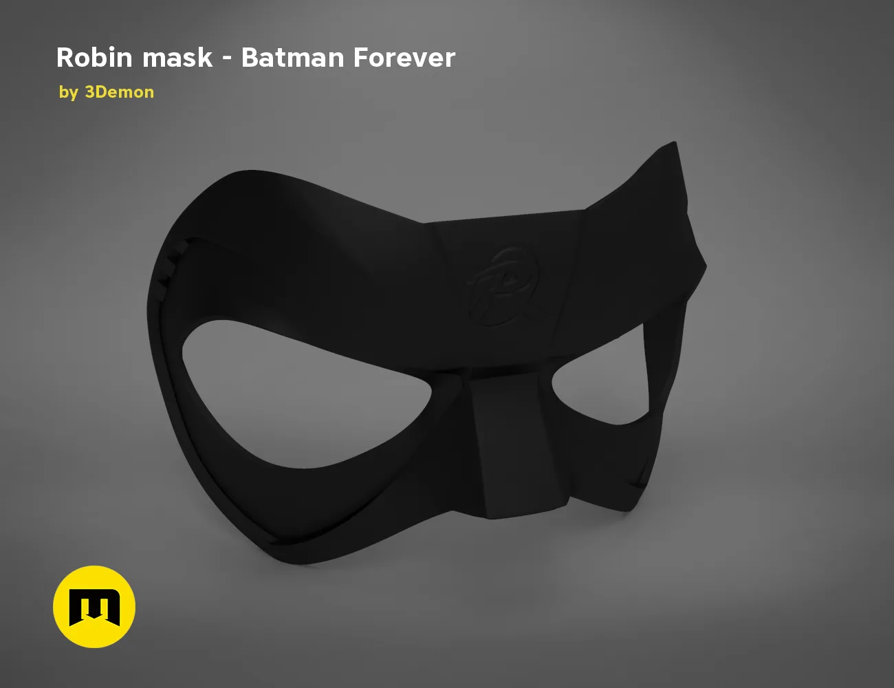 3D model render of Robin mask, Batman Forever, sleek black cosplay prop, side view