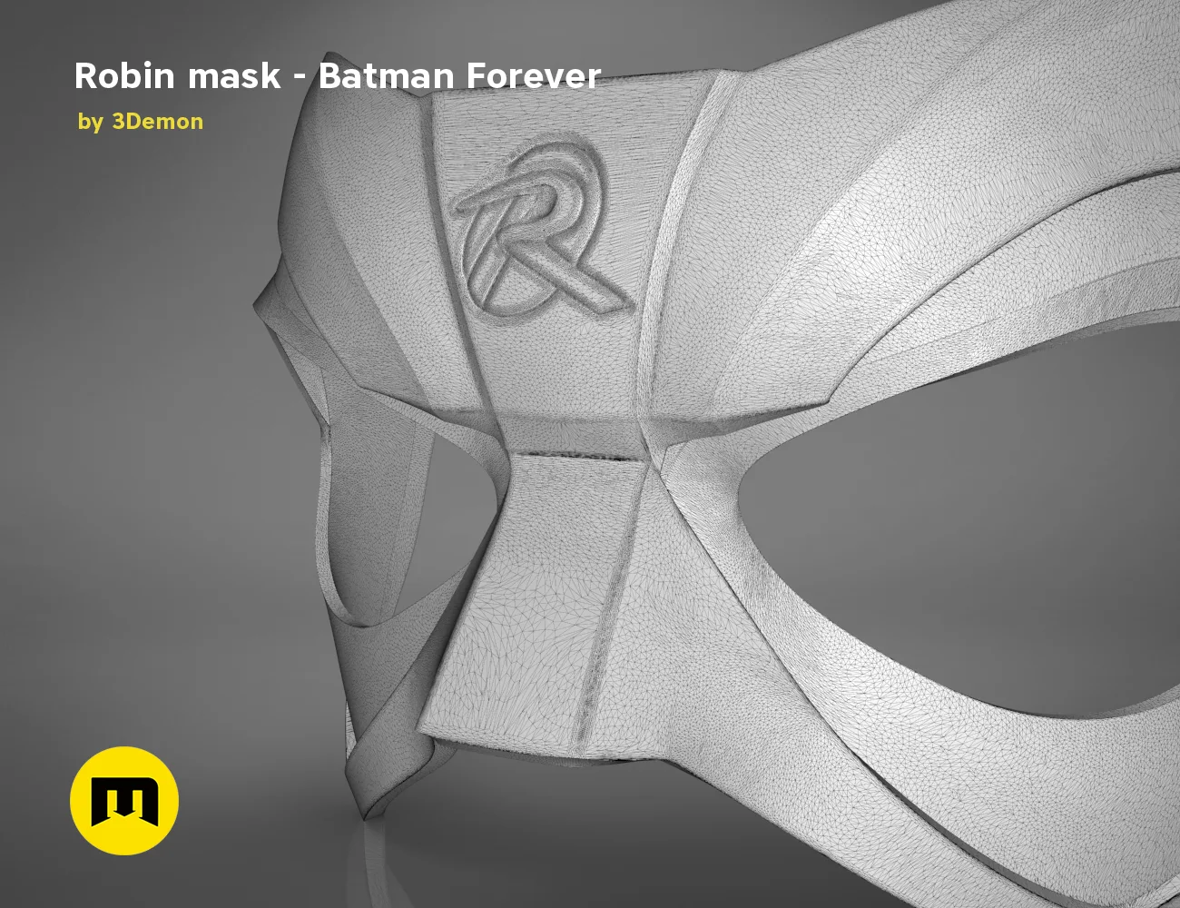 Wireframe mesh render of Robin mask STL, Batman Forever, detailed mesh topology with R logo.