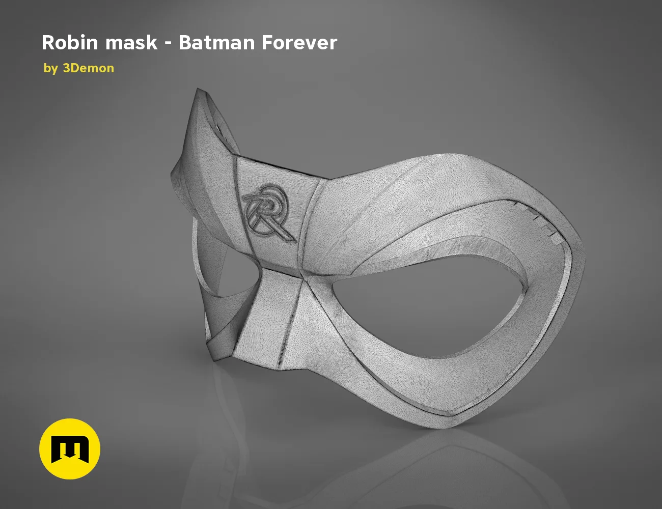 3D model render of Batman Forever Robin mask, grey cosplay prop with iconic ear emblem, STL preview