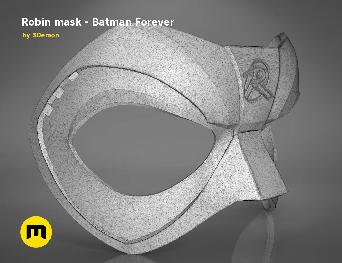 Wireframe mesh render of Robin mask - Batman Forever STL, side view with ear emblem detail, 3D print cosplay prop