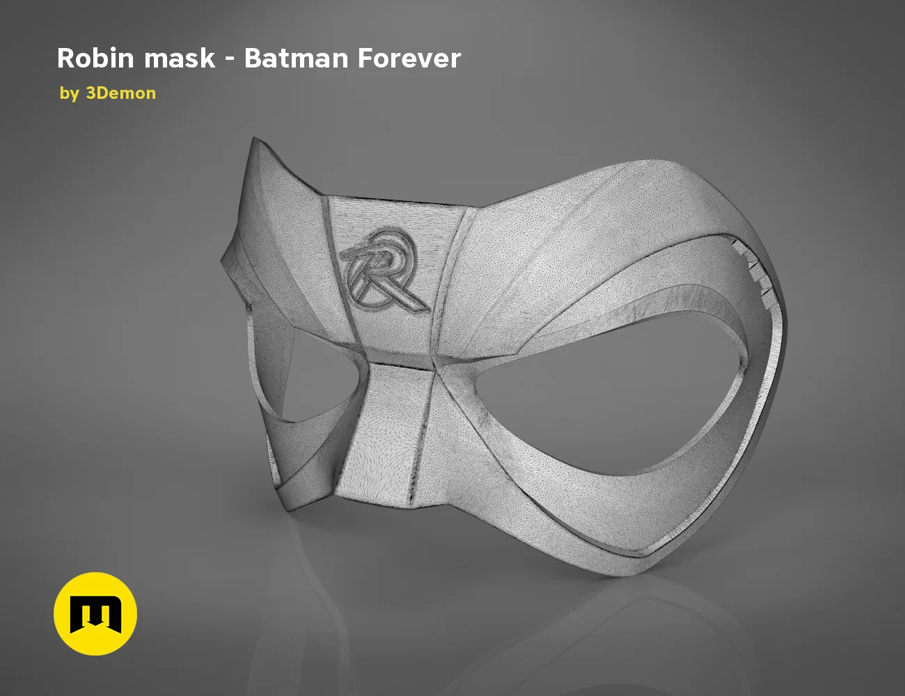 Wireframe mesh render of Robin mask STL, Batman Forever, detailed mesh topology with ear emblem.