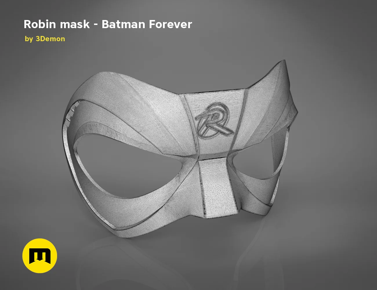 3D model render of Robin mask - Batman Forever, detailed cosplay prop with R emblem, STL preview