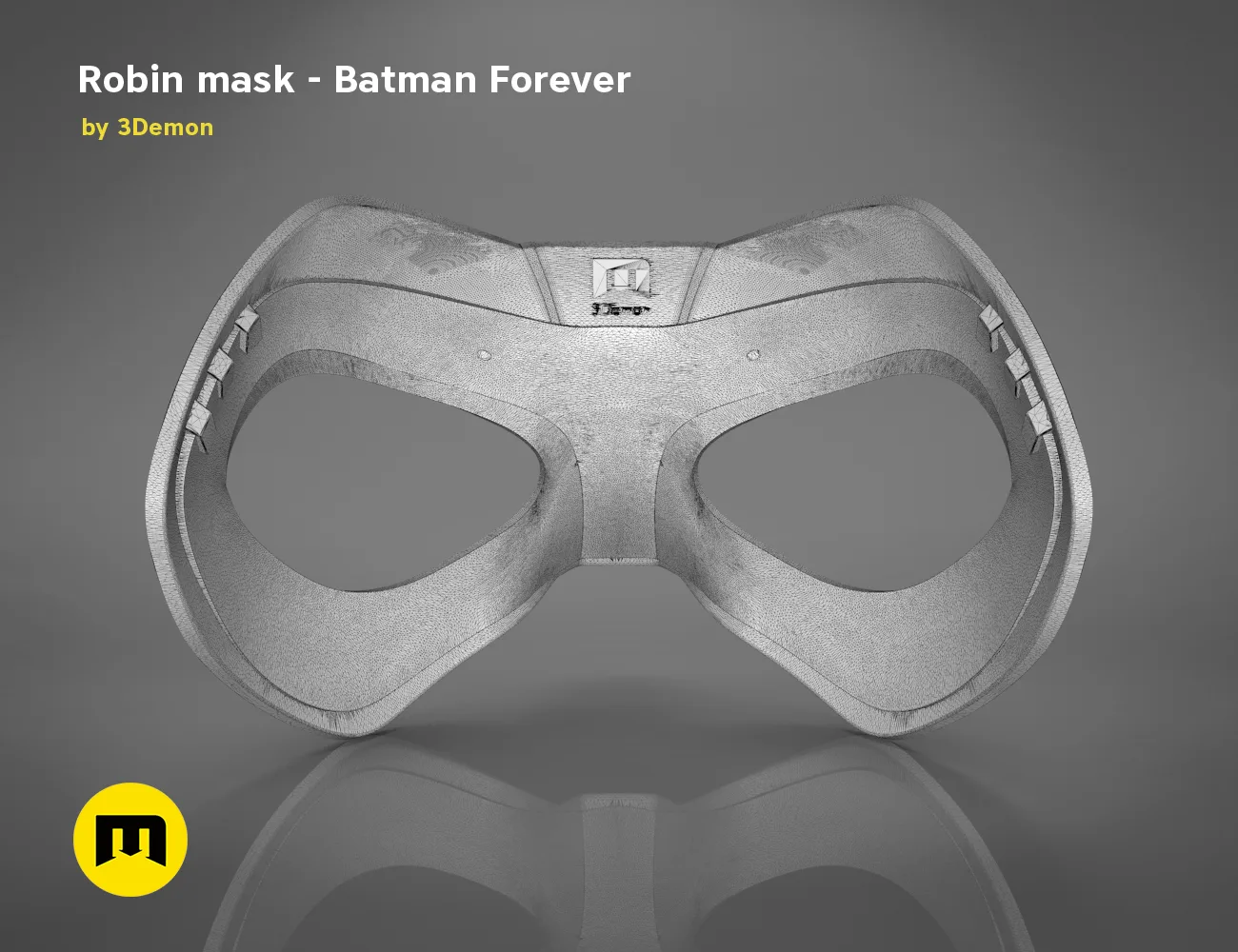 3D model render of Robin mask Batman Forever, grey wireframe mesh, 3D print cosplay prop