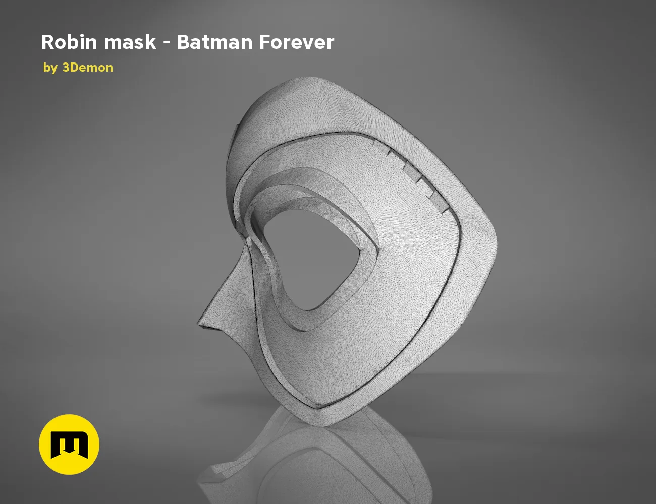 Wireframe mesh render of Robin mask STL, Batman Forever, detailed ear and cheek mesh topology