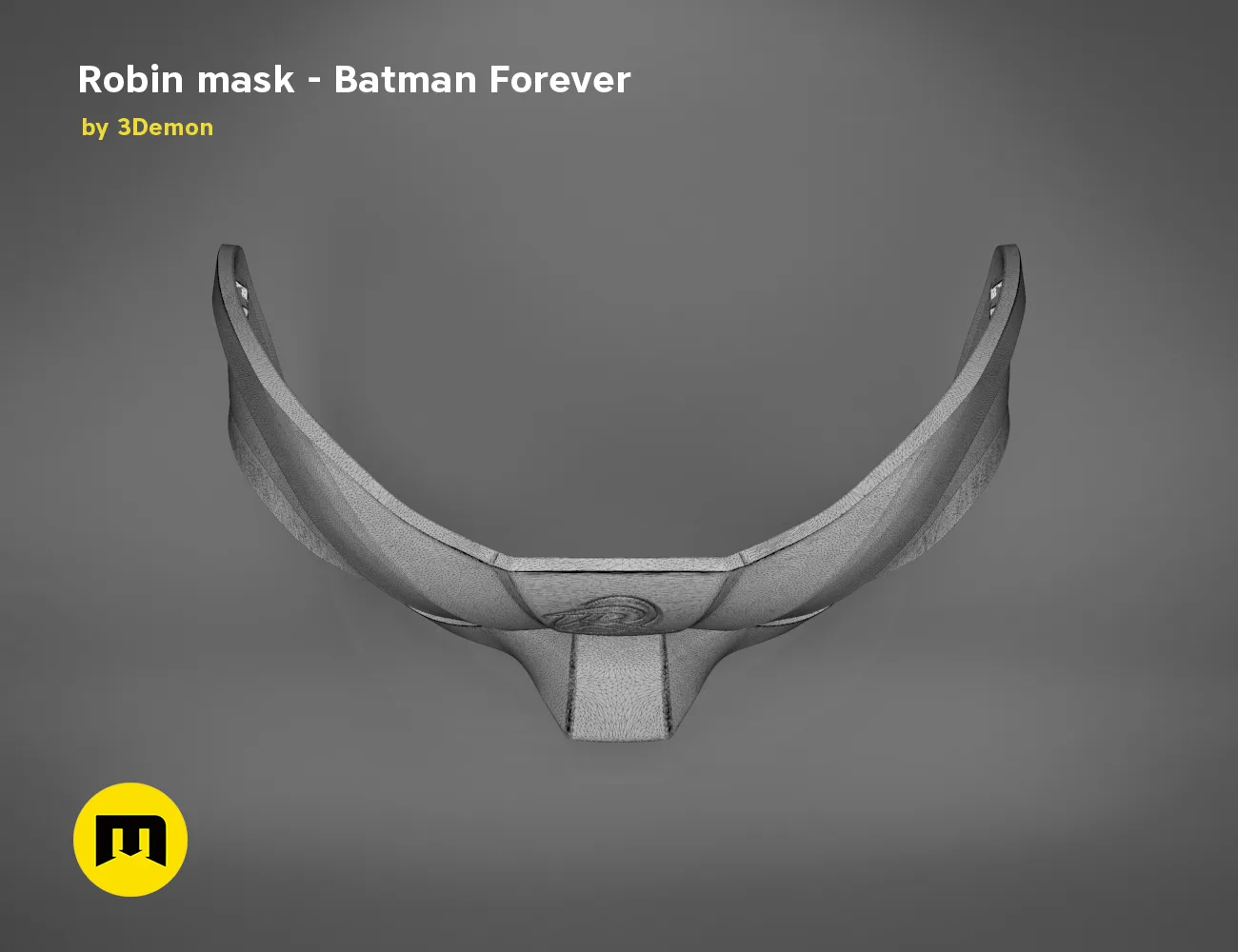 3D model render of Batman Forever Robin mask, front view, 3D print cosplay prop