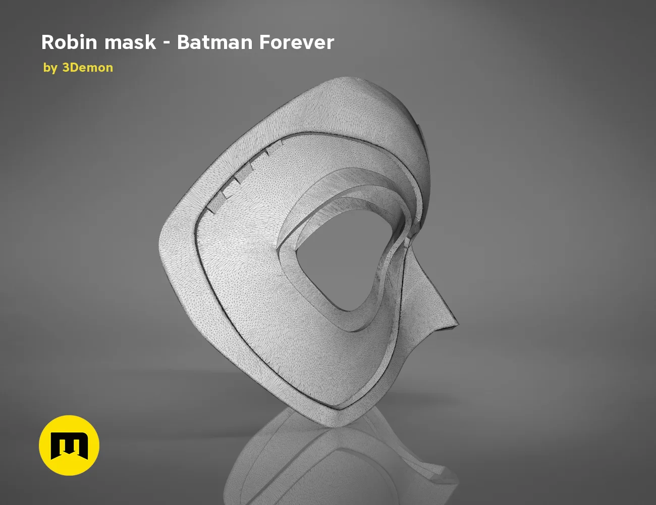 Wireframe mesh render of Robin mask STL, Batman Forever cosplay prop, side polygon structure