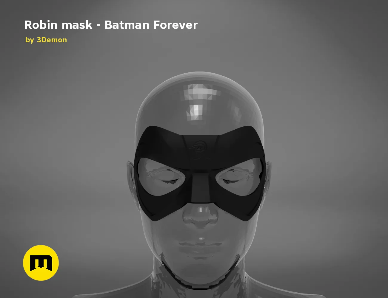 3D model render of Batman Forever Robin mask, sleek black and clear visor design, 3D print cosplay prop