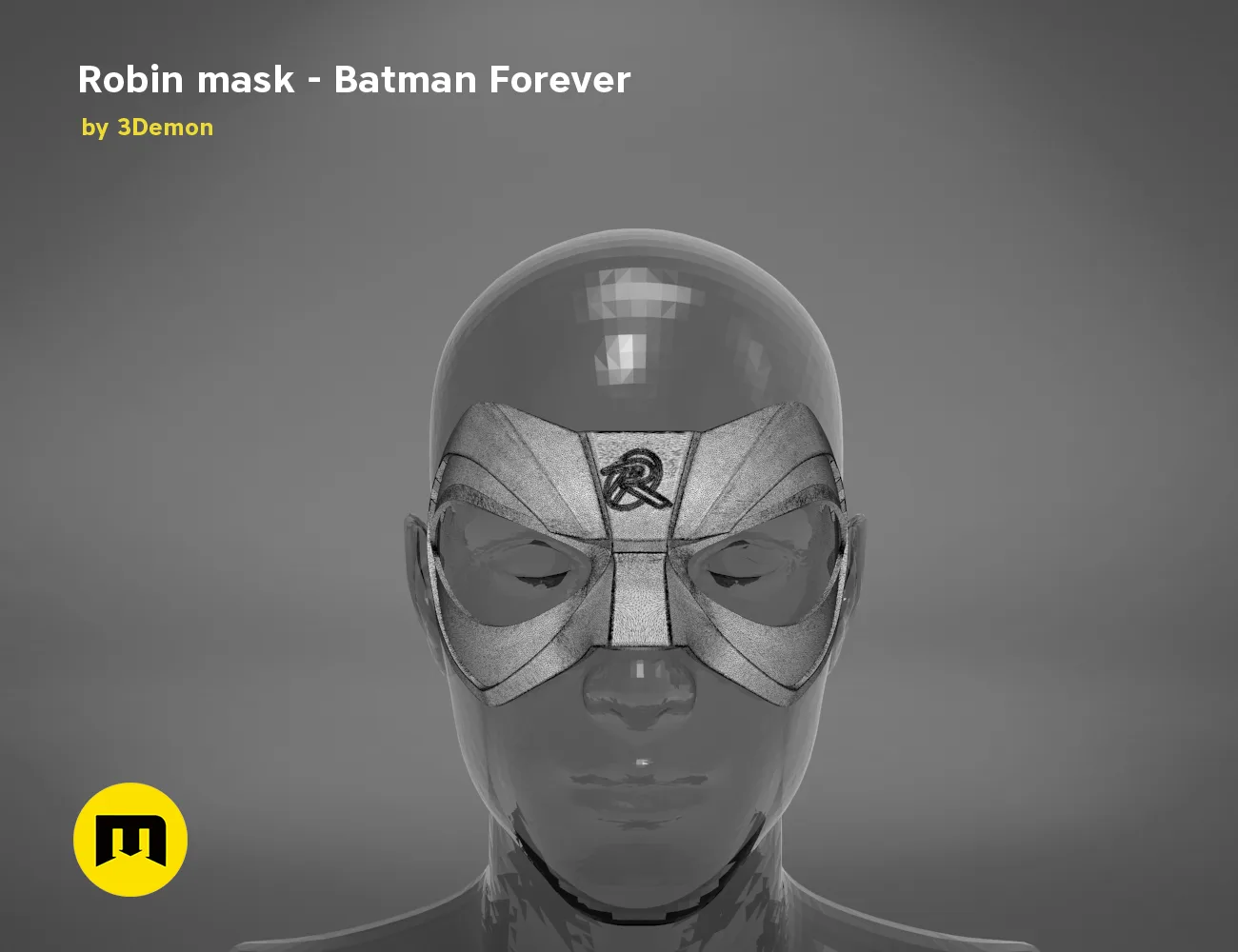 3D visualization of Robin mask, Batman Forever cosplay prop, front view STL
